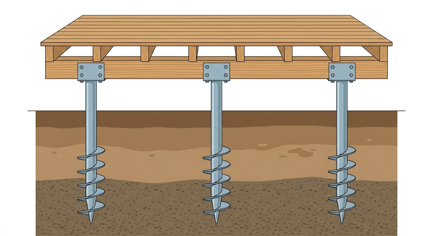 Cross-section diagram: timber deck boards on joists and bearers, bolted to bracket heads on three galvanised helical ground screws driven through topsoil into firmer ground below.