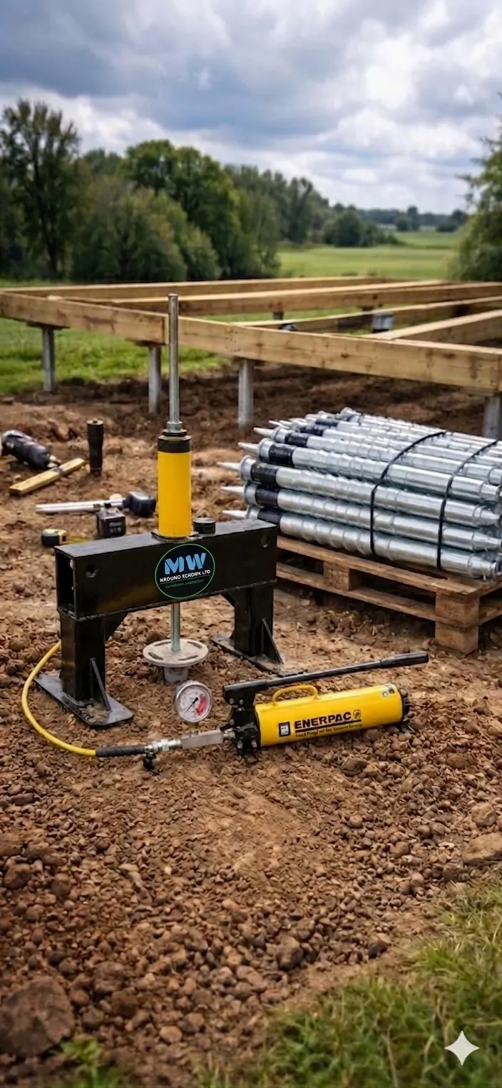 Real-world ground screw installation in progress comparing to concrete methods