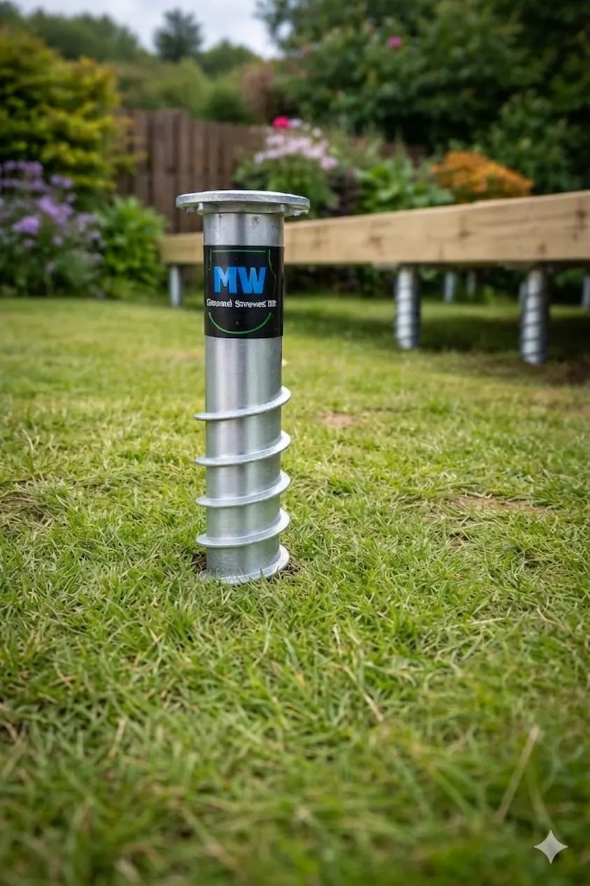 Close-up detail of installed MW ground screw in grass and garden setting